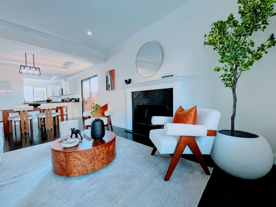 Dining room, Fireplace, Interior, Kitchen, Living room, Pendant Lights, Recessed Lighting, Wood Texture Flooring