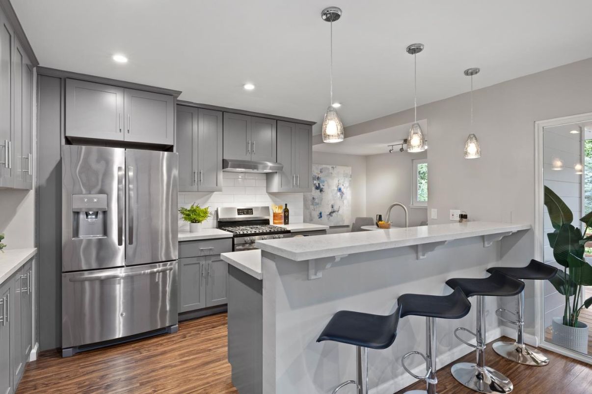 Interior, Kitchen, Pendant Lights, Recessed Lighting, Stainless Steel Appliances, Wood Texture Flooring