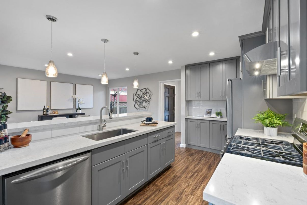 Interior, Kitchen, Pendant Lights, Recessed Lighting, Stainless Steel Appliances, Wood Texture Flooring