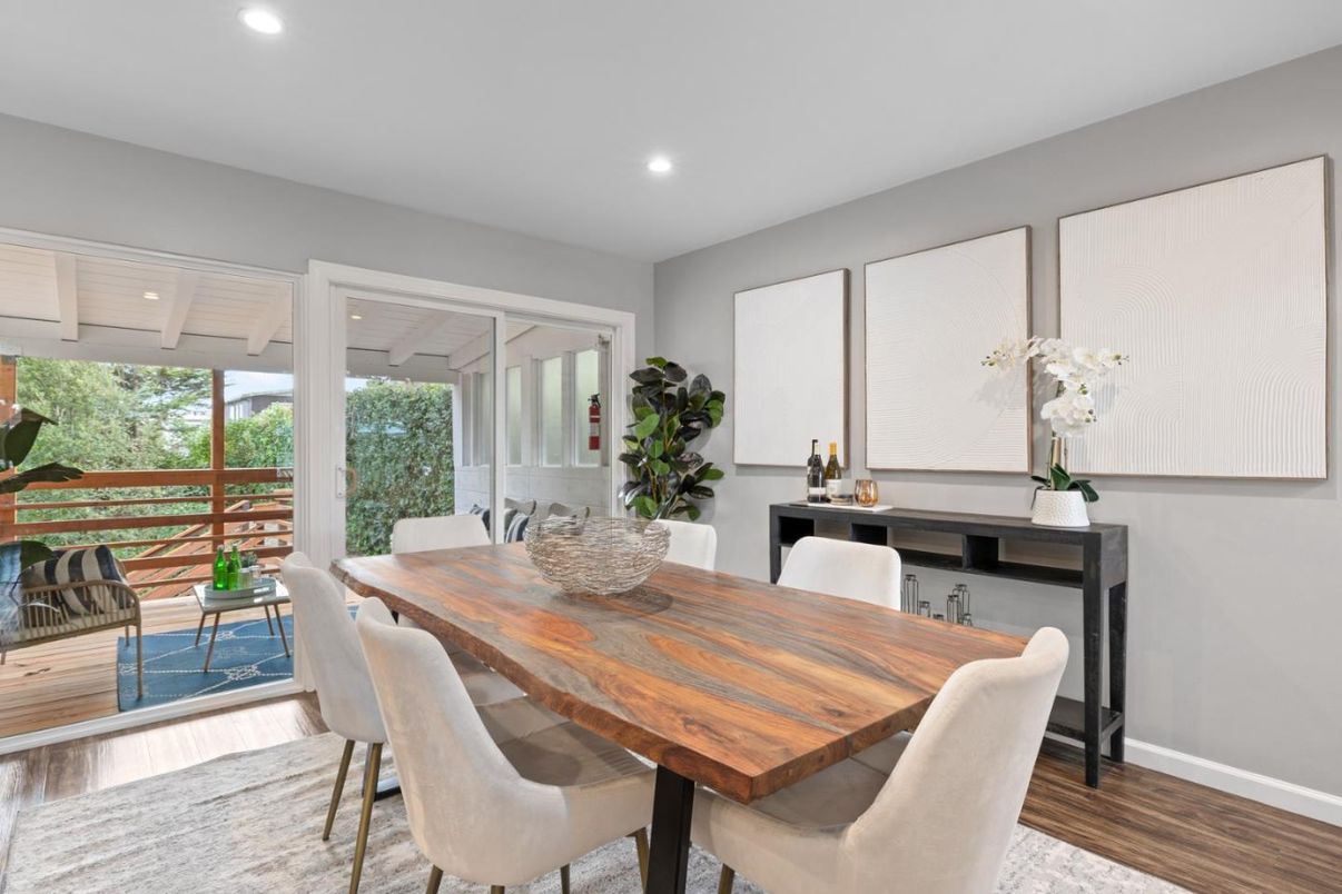 Dining room, Interior, Recessed Lighting, Wood Texture Flooring