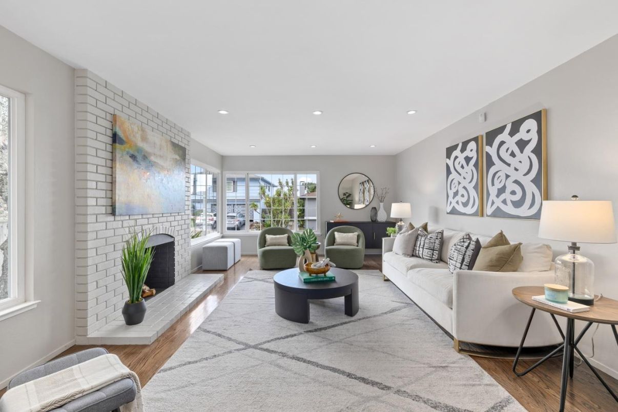 Fireplace, Interior, Living room, Recessed Lighting, Stone Walls, Wood Texture Flooring