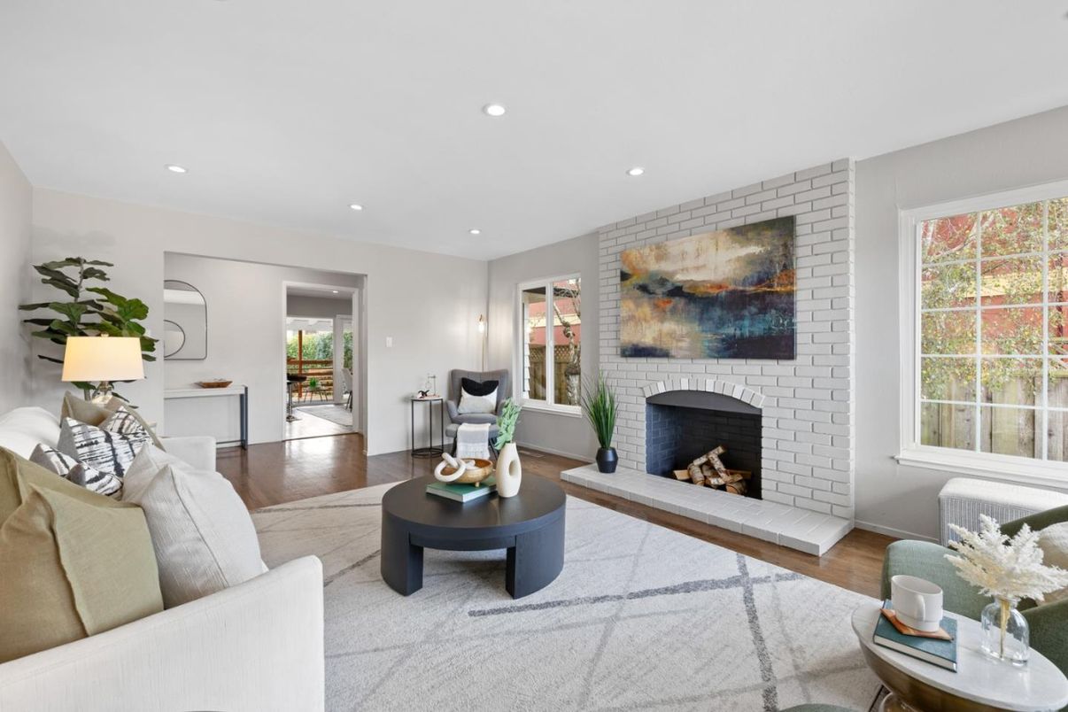 Fireplace, Interior, Living room, Recessed Lighting, Stone Walls, Wood Texture Flooring