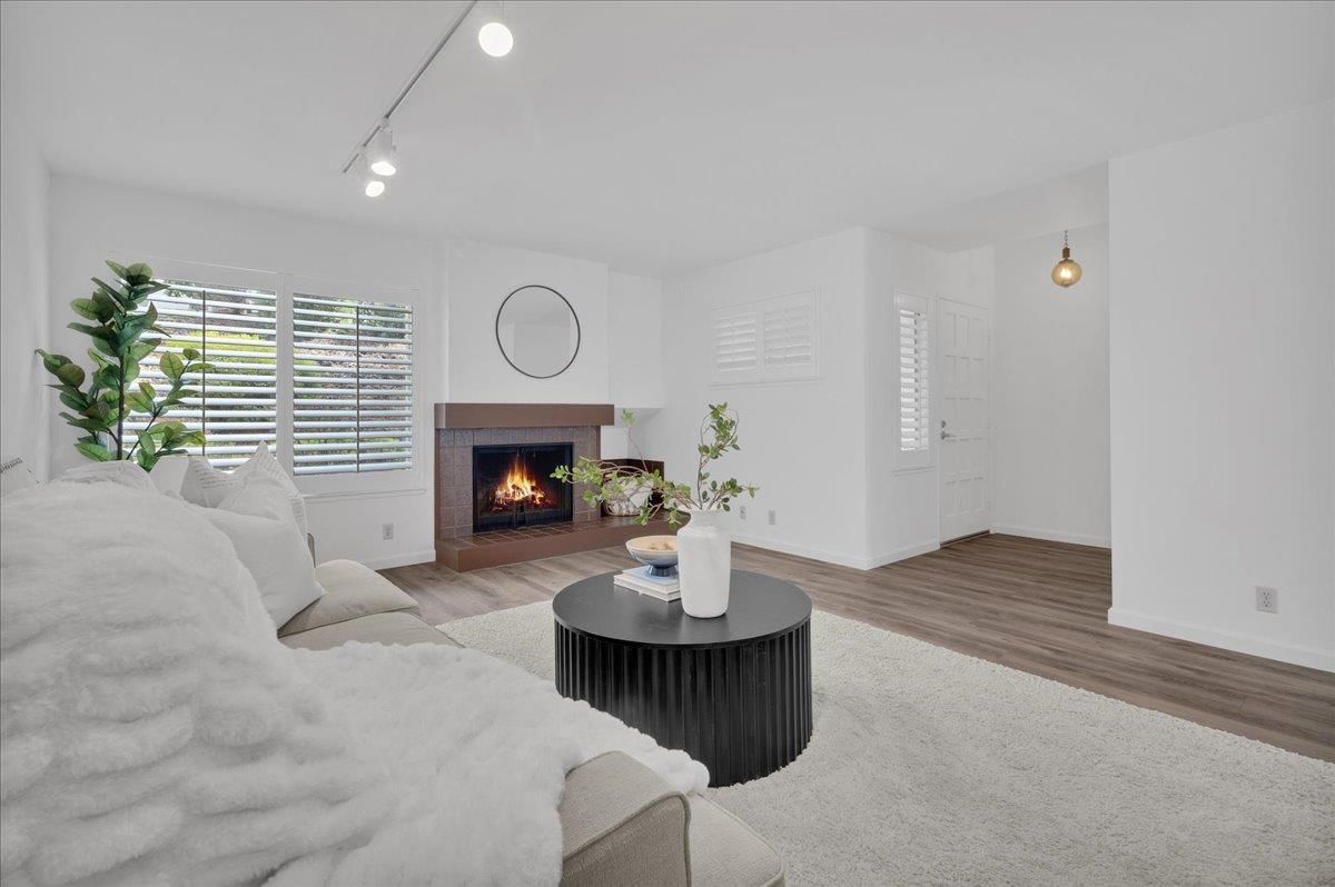 Fireplace, Interior, Living room, Pendant Lights, Wood Texture Flooring