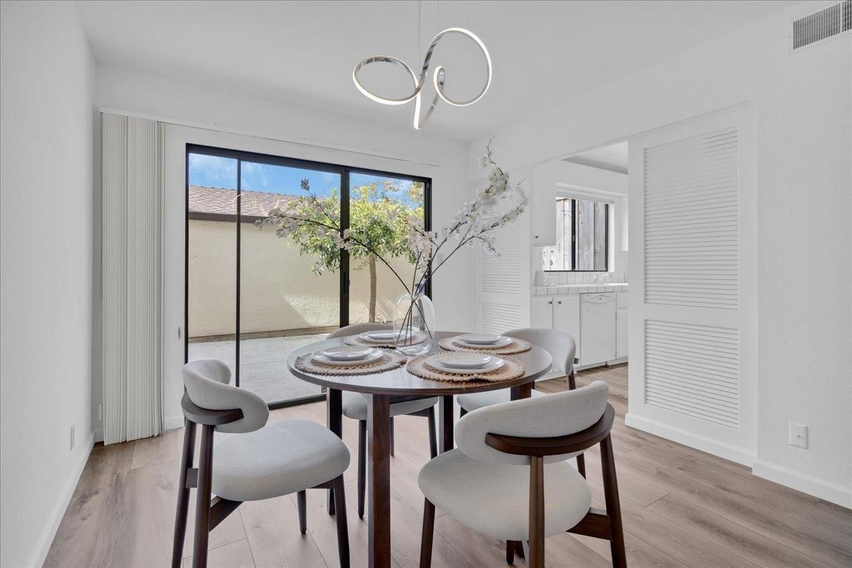 Dining room, Interior, Pendant Lights, Wood Texture Flooring