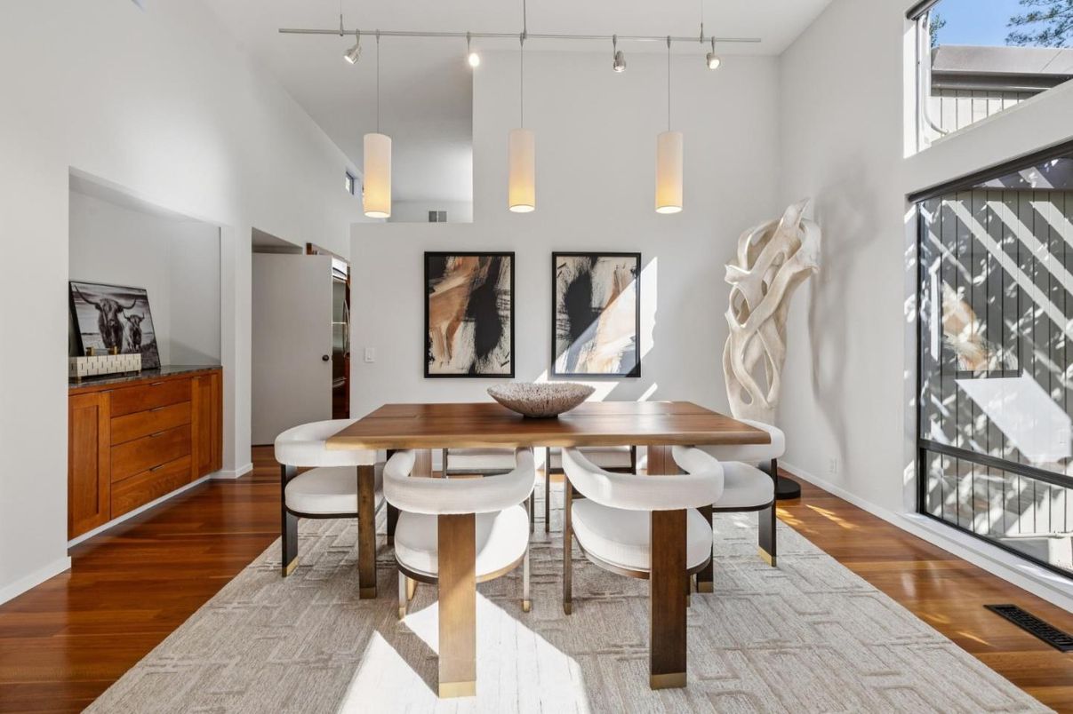 Dining room, Interior, Pendant Lights, Wood Texture Flooring