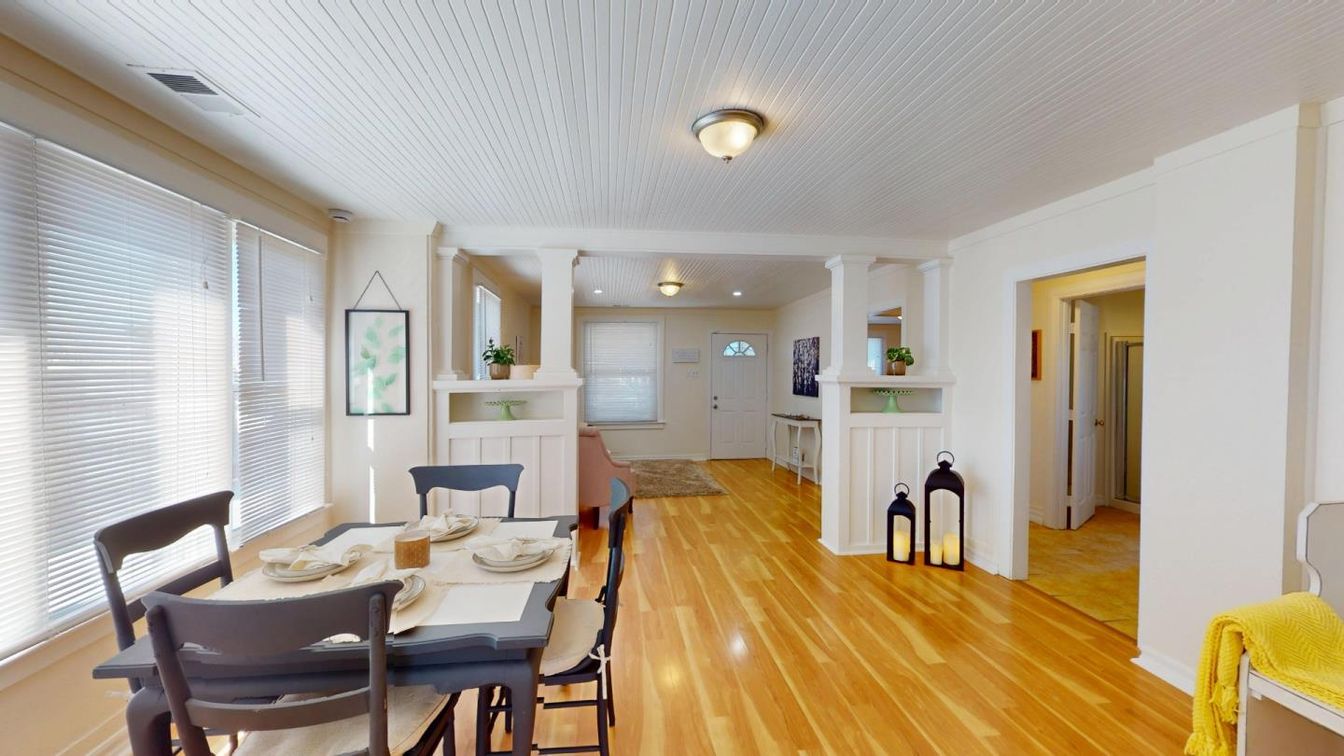 Dining room, Interior, Recessed Lighting, Wood Texture Flooring