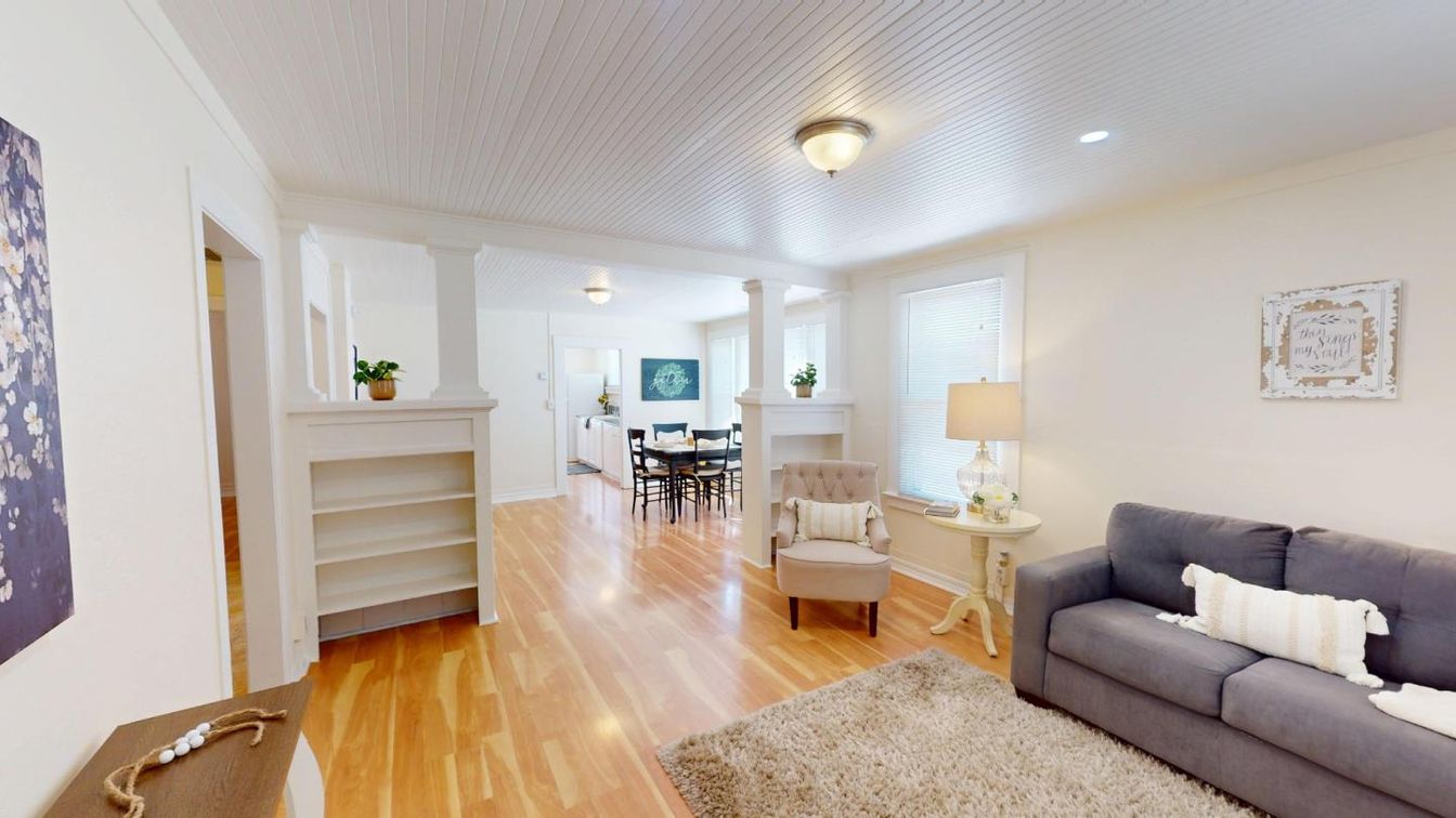 Dining room, Interior, Living room, Recessed Lighting, Wood Texture Flooring