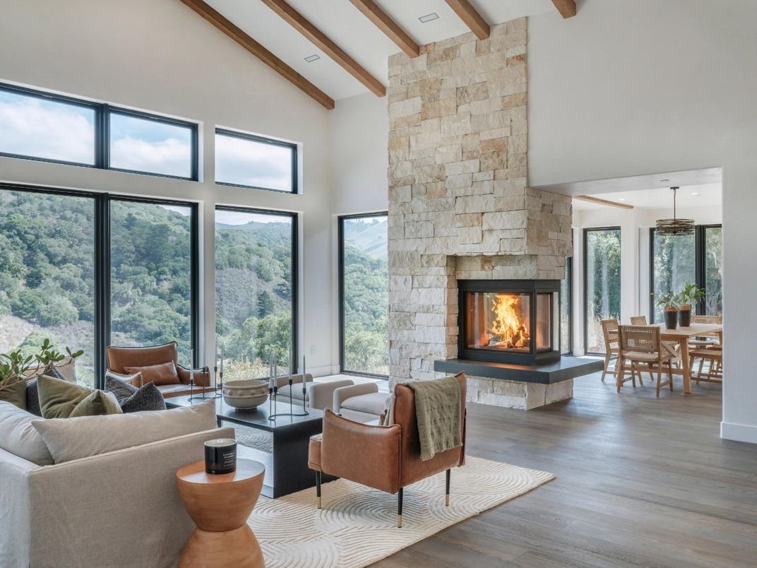 Dining room, Fireplace, Interior, Living room, Pendant Lights, Recessed Lighting, Stone Walls, Wooden Beams, Wood Texture Flooring