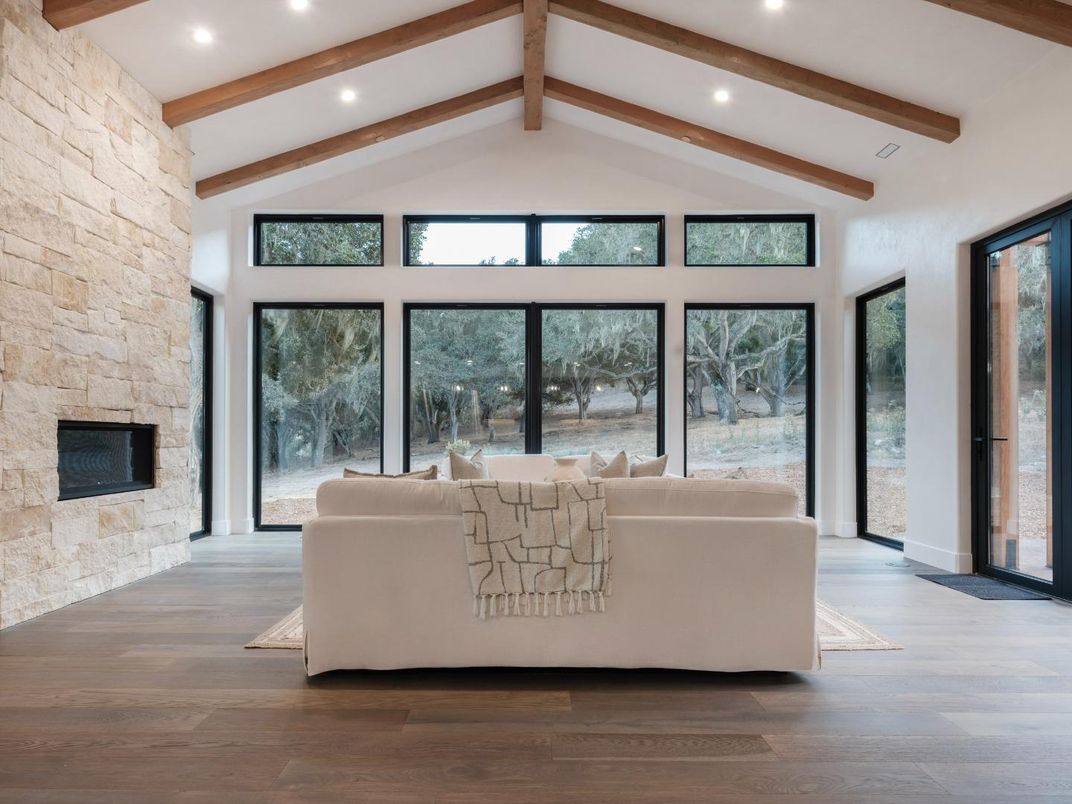 Fireplace, Interior, Living room, Recessed Lighting, Stone Walls, Wooden Beams, Wood Texture Flooring