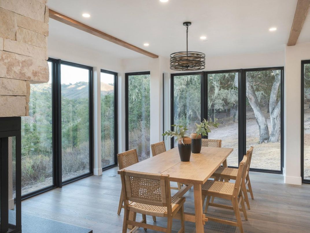 Dining room, Interior, Pendant Lights, Recessed Lighting, Wooden Beams, Wood Texture Flooring