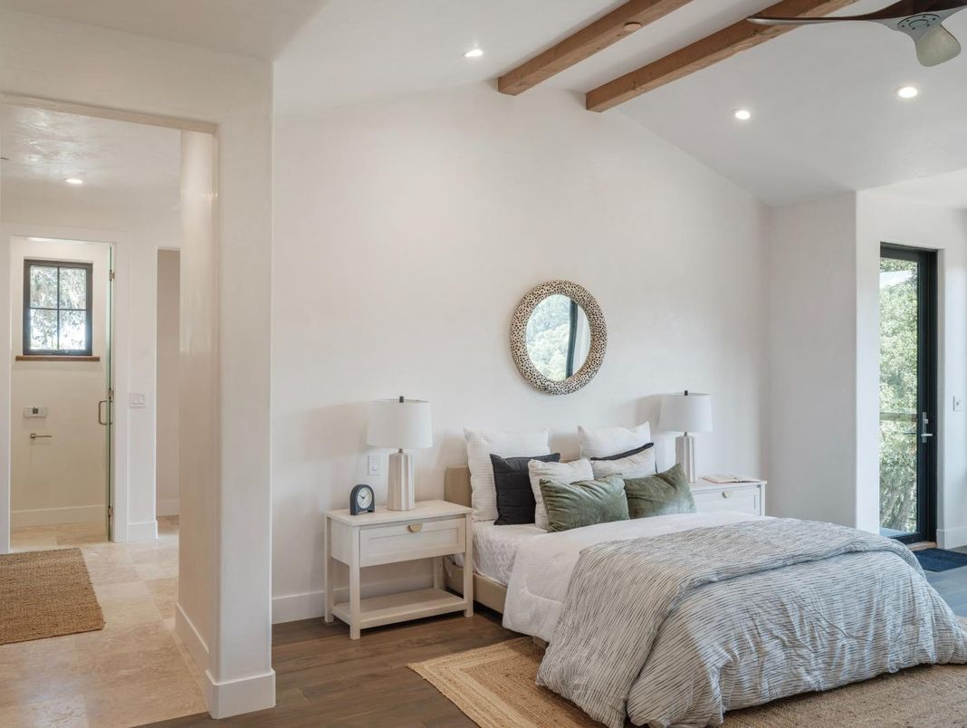 Bedroom, Interior, Recessed Lighting, Wooden Beams, Wood Texture Flooring