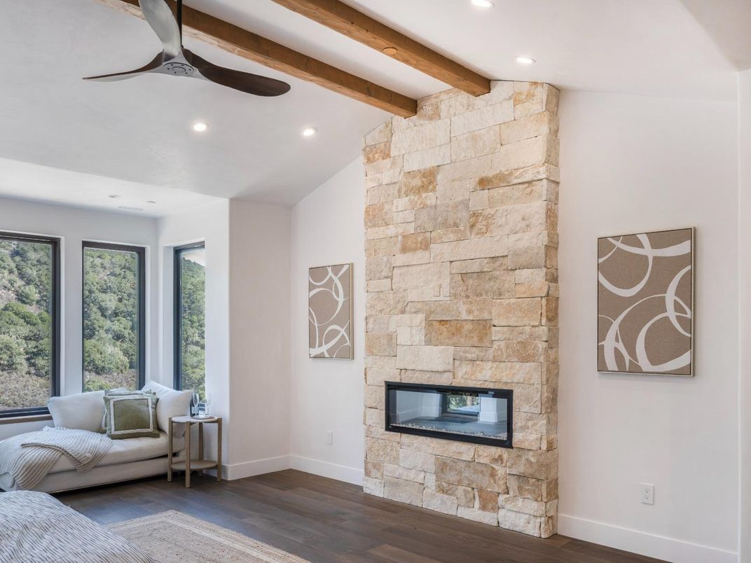 Fireplace, Interior, Recessed Lighting, Stone Walls, Wooden Beams, Wood Texture Flooring