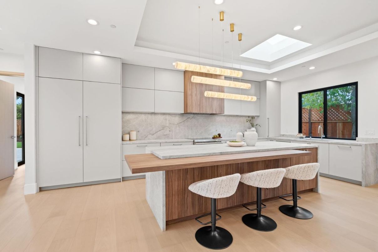 Interior, Kitchen, Marble Walls, Pendant Lights, Recessed Lighting, Stainless Steel Appliances, Wood Texture Flooring