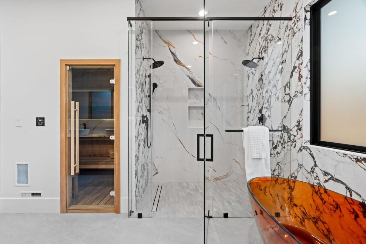 Bathroom, Glass Shower, Interior, Marble Walls, Recessed Lighting, Sauna Room