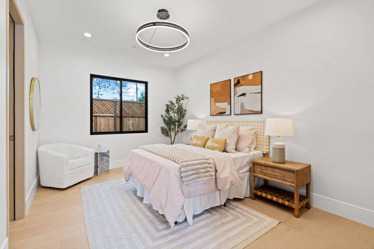 Bedroom, Interior, Pendant Lights, Recessed Lighting, Wood Texture Flooring