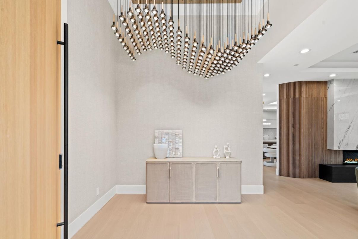 Fireplace, Interior, Pendant Lights, Recessed Lighting, Wood Texture Flooring