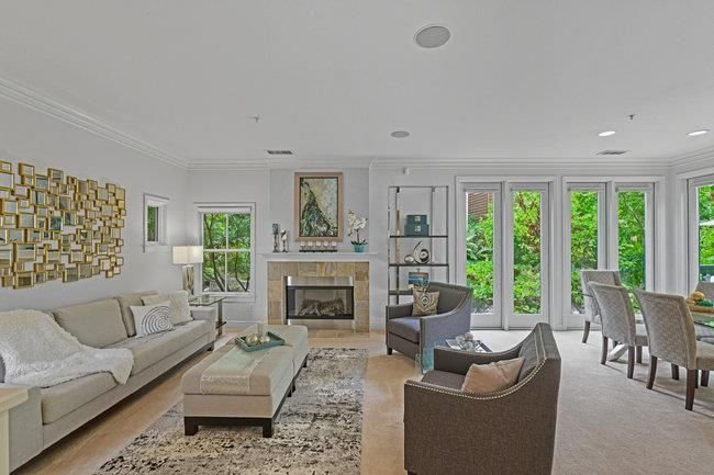 Dining room, Fireplace, Interior, Living room, Recessed Lighting, Wood Texture Flooring