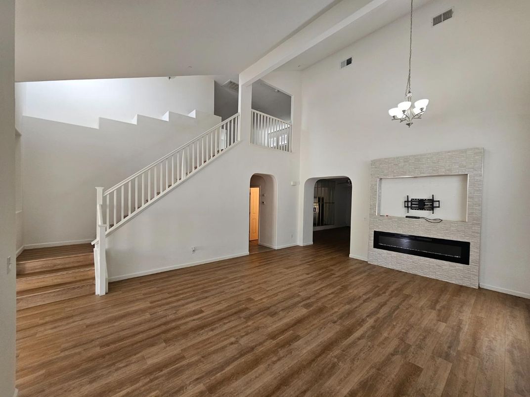 Fireplace, Interior, Pendant Lights, Wood Texture Flooring