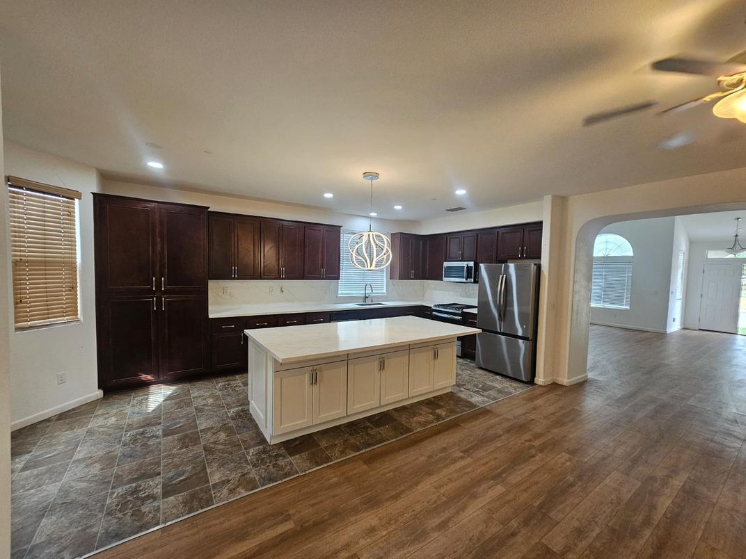 Interior, Kitchen, Pendant Lights, Recessed Lighting, Wood Texture Flooring