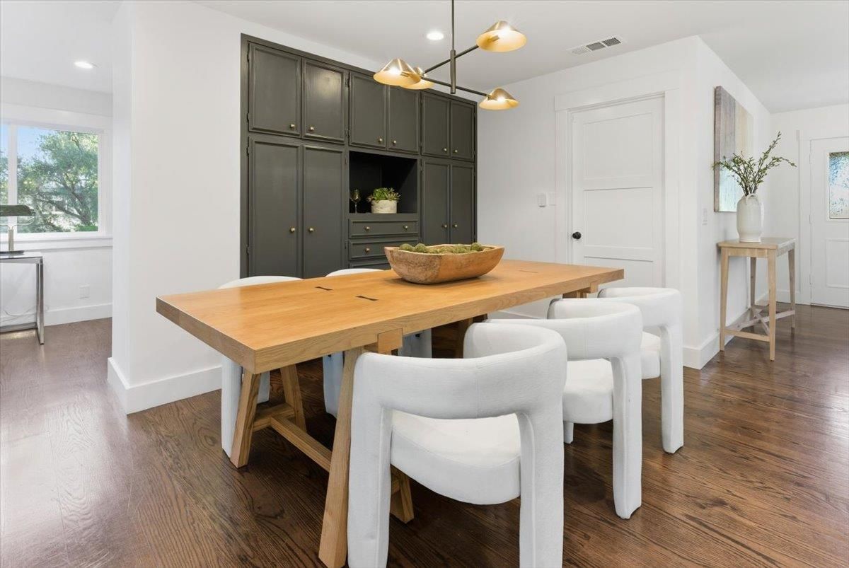 Dining room, Interior, Pendant Lights, Recessed Lighting, Wood Texture Flooring