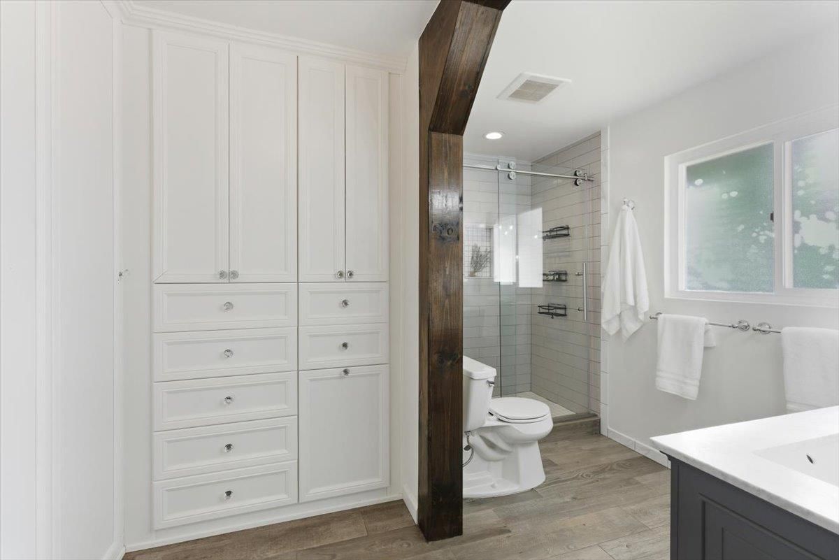 Bathroom, Glass Shower, Interior, Recessed Lighting, Wood Texture Flooring