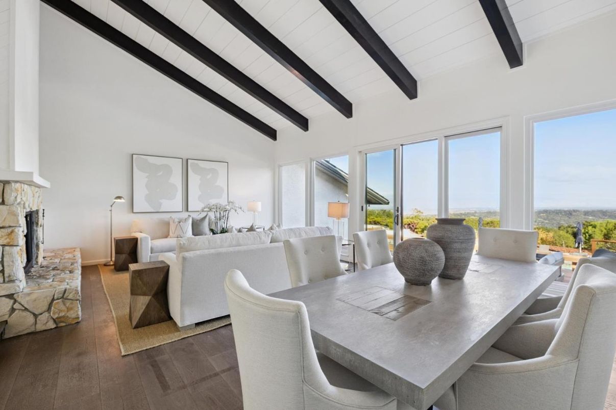 Dining room, Fireplace, Interior, Living room, Wooden Beams, Wood Texture Flooring