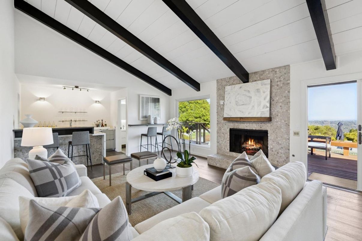 Fireplace, Interior, Living room, Stone Walls, Wooden Beams, Wood Texture Flooring