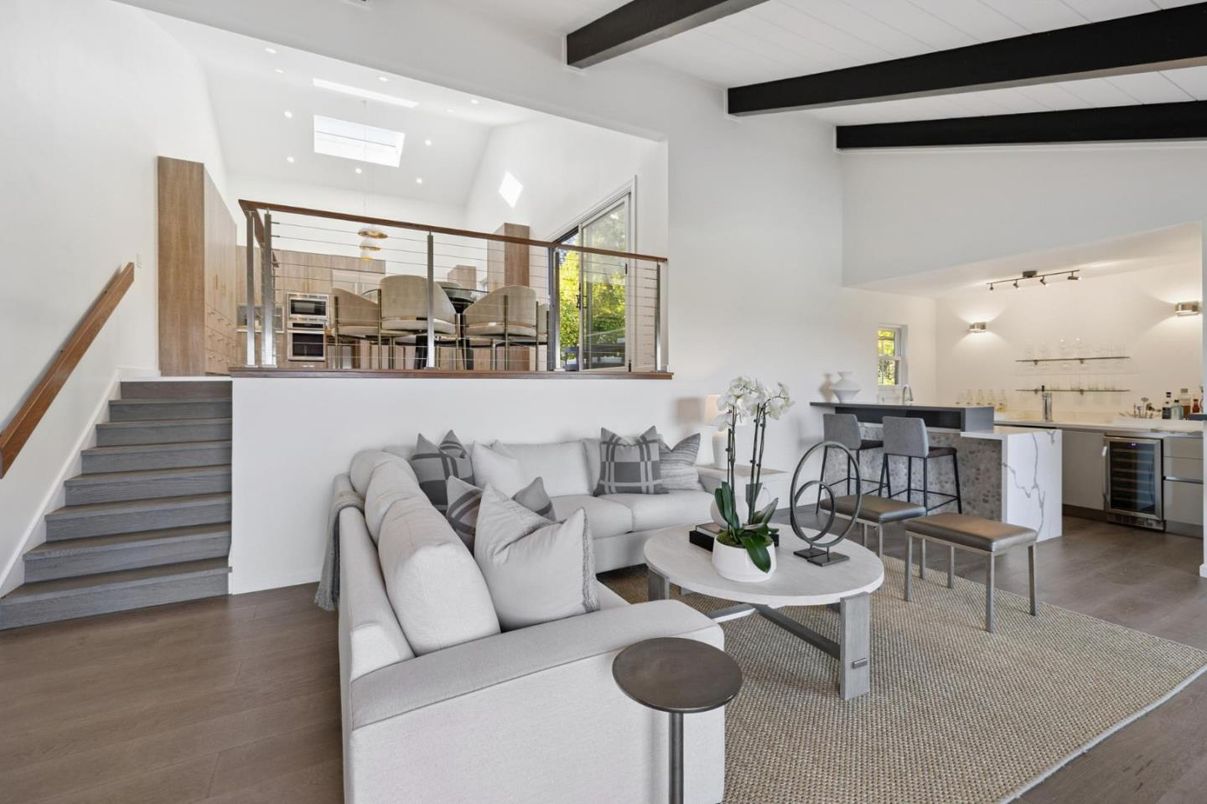 Interior, Kitchen, Living room, Recessed Lighting, Stainless Steel Appliances, Wooden Beams, Wood Texture Flooring