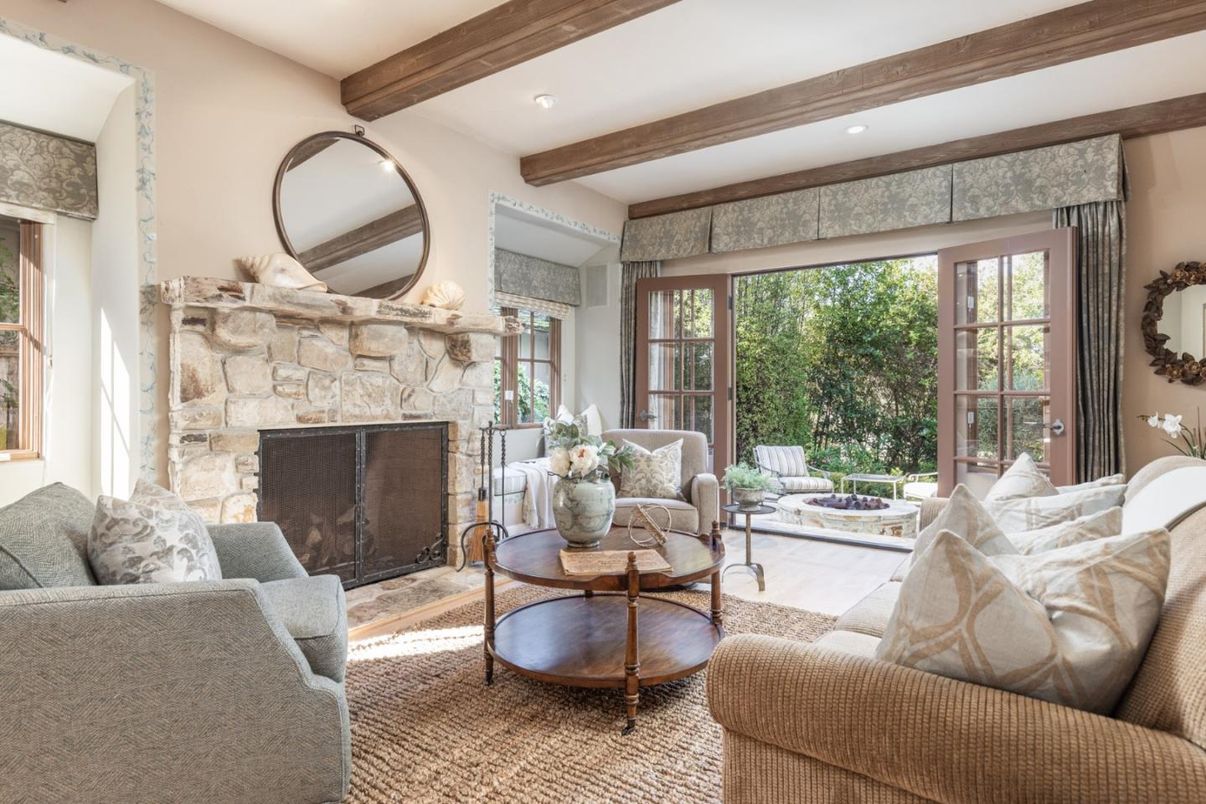 Fireplace, Interior, Living room, Recessed Lighting, Stone Walls, Wooden Beams