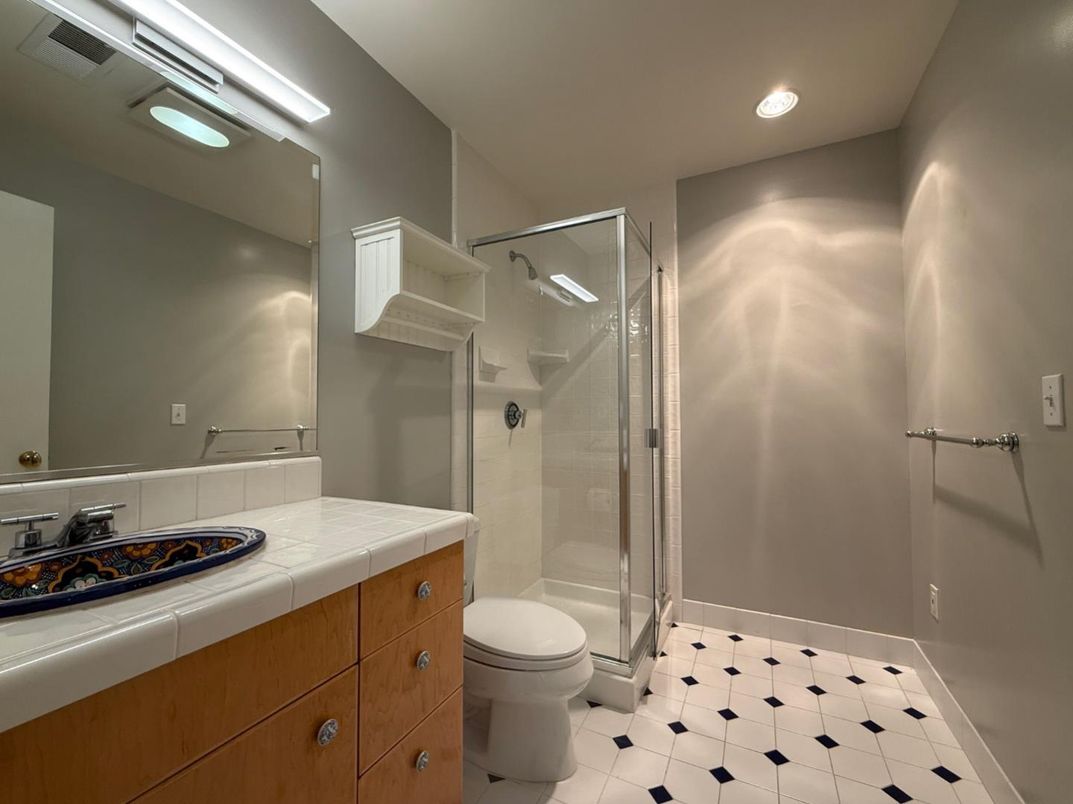 Bathroom, Glass Shower, Interior, Recessed Lighting, Tile Countertops