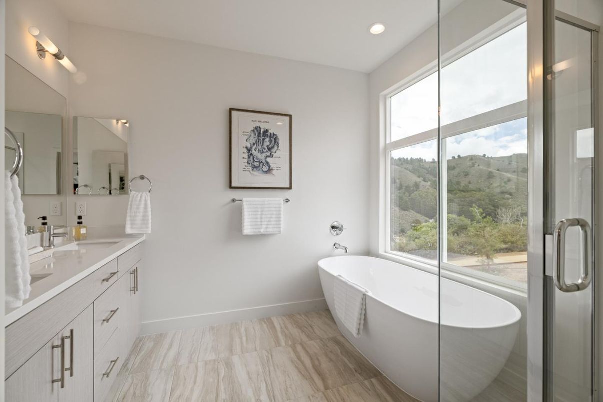 Bathroom, Dual Sink Vanities, Free Standing Baths, Glass Shower, Interior, Marble, Recessed Lighting