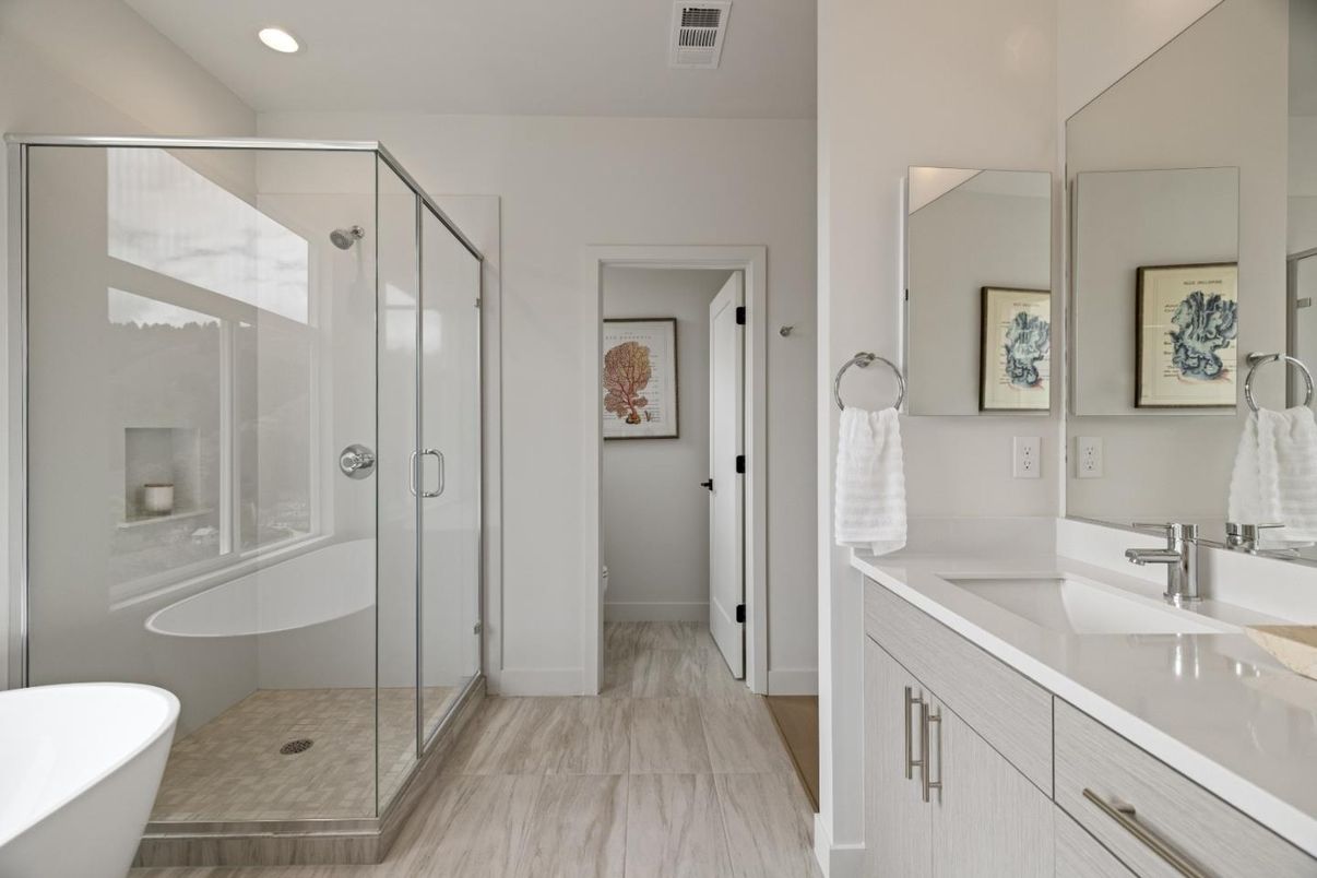 Bathroom, Dual Sink Vanities, Free Standing Baths, Glass Shower, Interior, Recessed Lighting