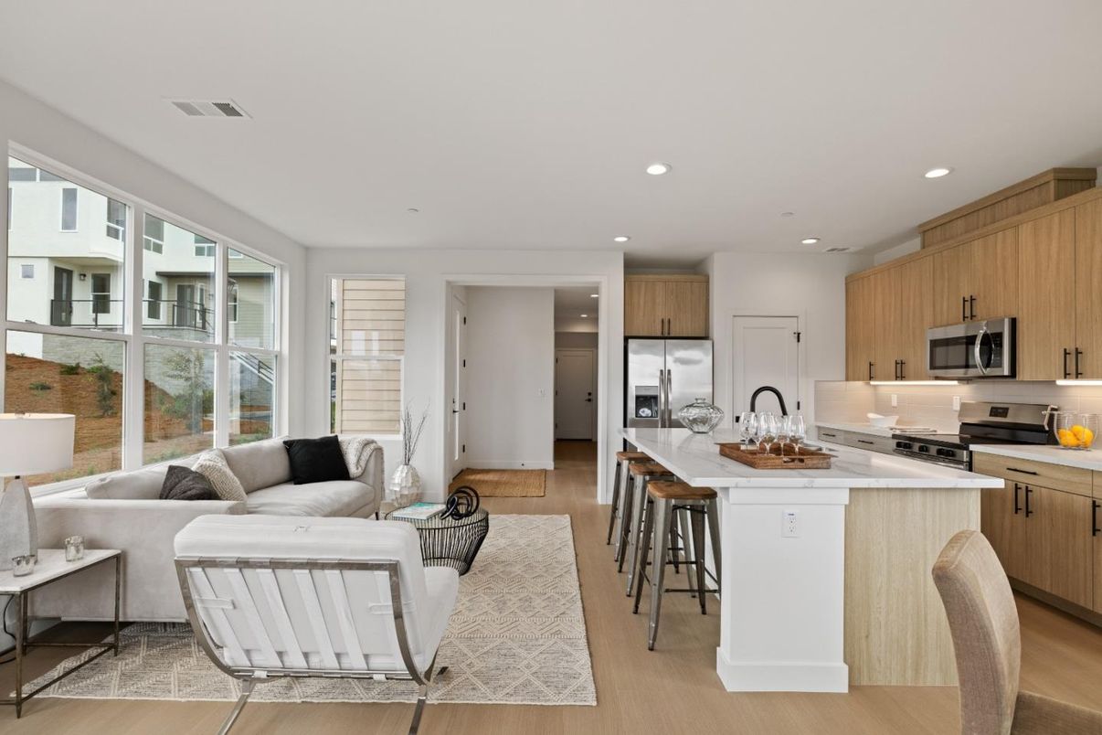 Interior, Kitchen, Living room, Recessed Lighting, Stainless Steel Appliances, Wood Texture Flooring