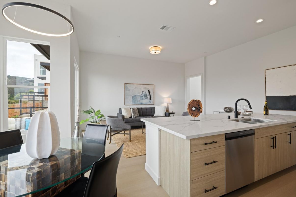 Dining room, Interior, Kitchen, Living room, Recessed Lighting, Wood Texture Flooring