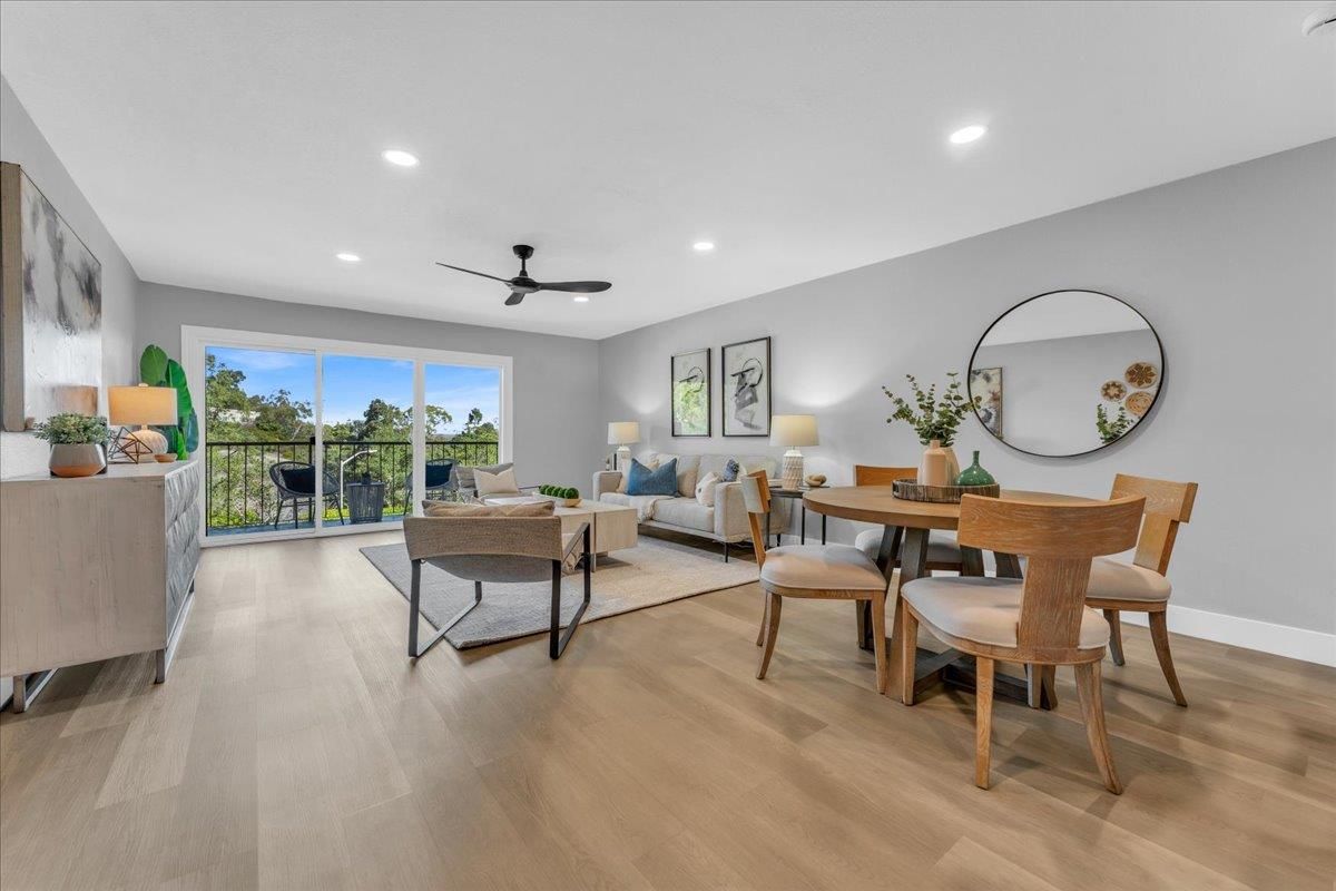 Dining room, Interior, Living room, Recessed Lighting, Wood Texture Flooring