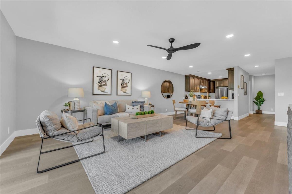 Dining room, Interior, Kitchen, Living room, Recessed Lighting, Wood Texture Flooring