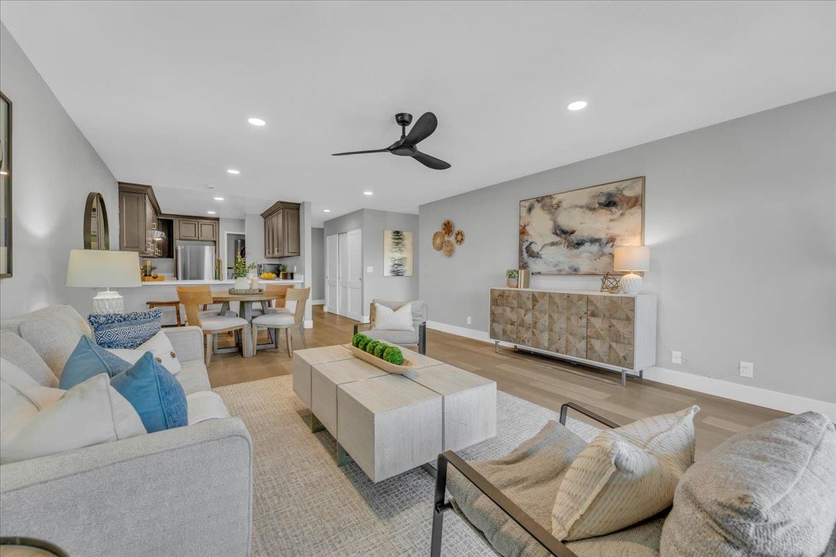 Dining room, Interior, Kitchen, Living room, Recessed Lighting, Wood Texture Flooring