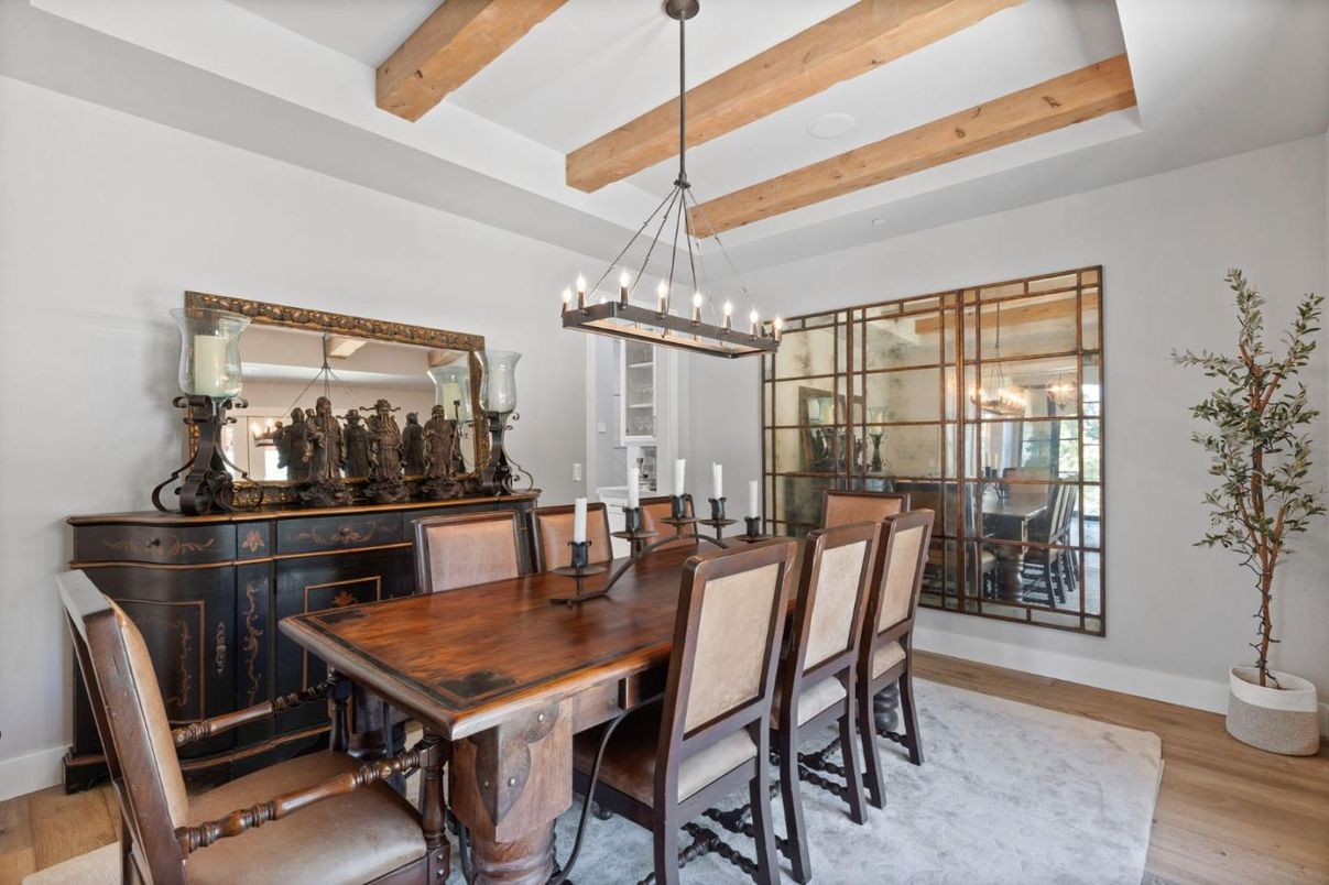 Chandelier, Dining room, Interior, Wooden Beams, Wood Texture Flooring