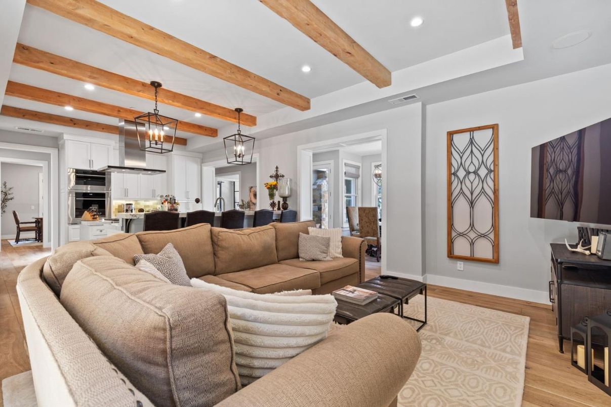 Interior, Kitchen, Living room, Pendant Lights, Recessed Lighting, Stainless Steel Appliances, Wooden Beams, Wood Texture Flooring