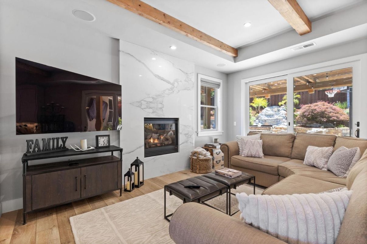 Fireplace, Interior, Living room, Marble Walls, Recessed Lighting, Wooden Beams, Wood Texture Flooring