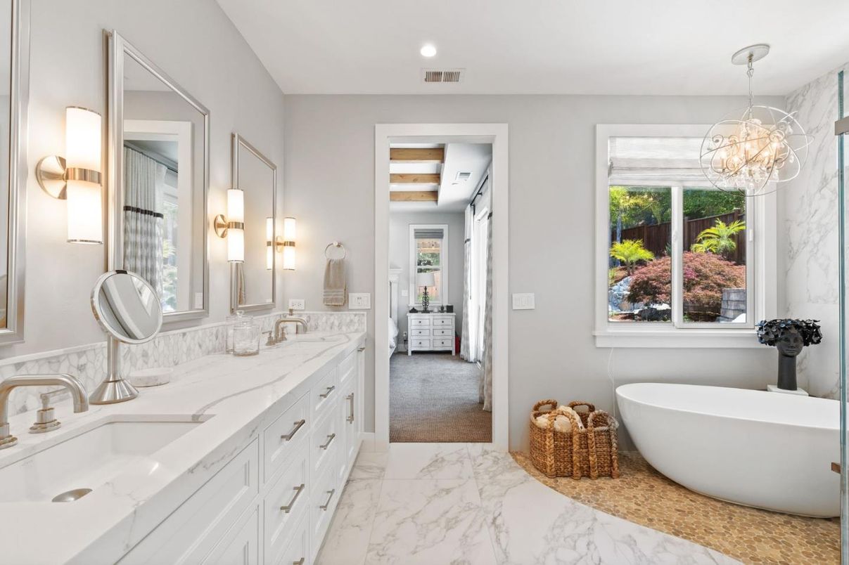 Bathroom, Dual Sink Vanities, Free Standing Baths, Interior, Marble, Pendant Lights, Recessed Lighting