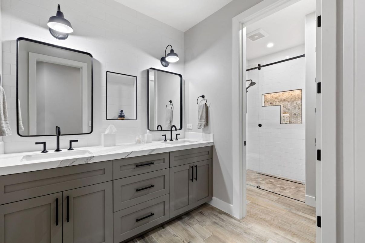 Bathroom, Dual Sink Vanities, Interior, Recessed Lighting, Wood Texture Flooring