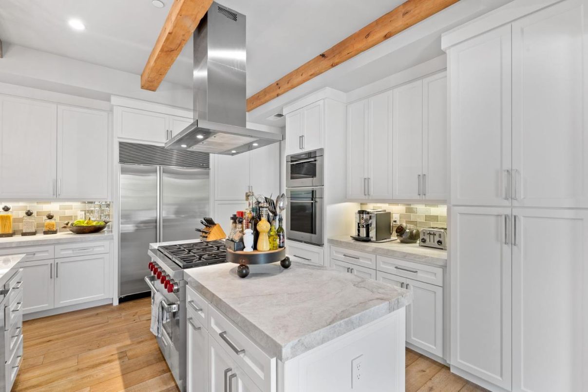 Interior, Kitchen, Recessed Lighting, Stainless Steel Appliances, Wooden Beams, Wood Texture Flooring