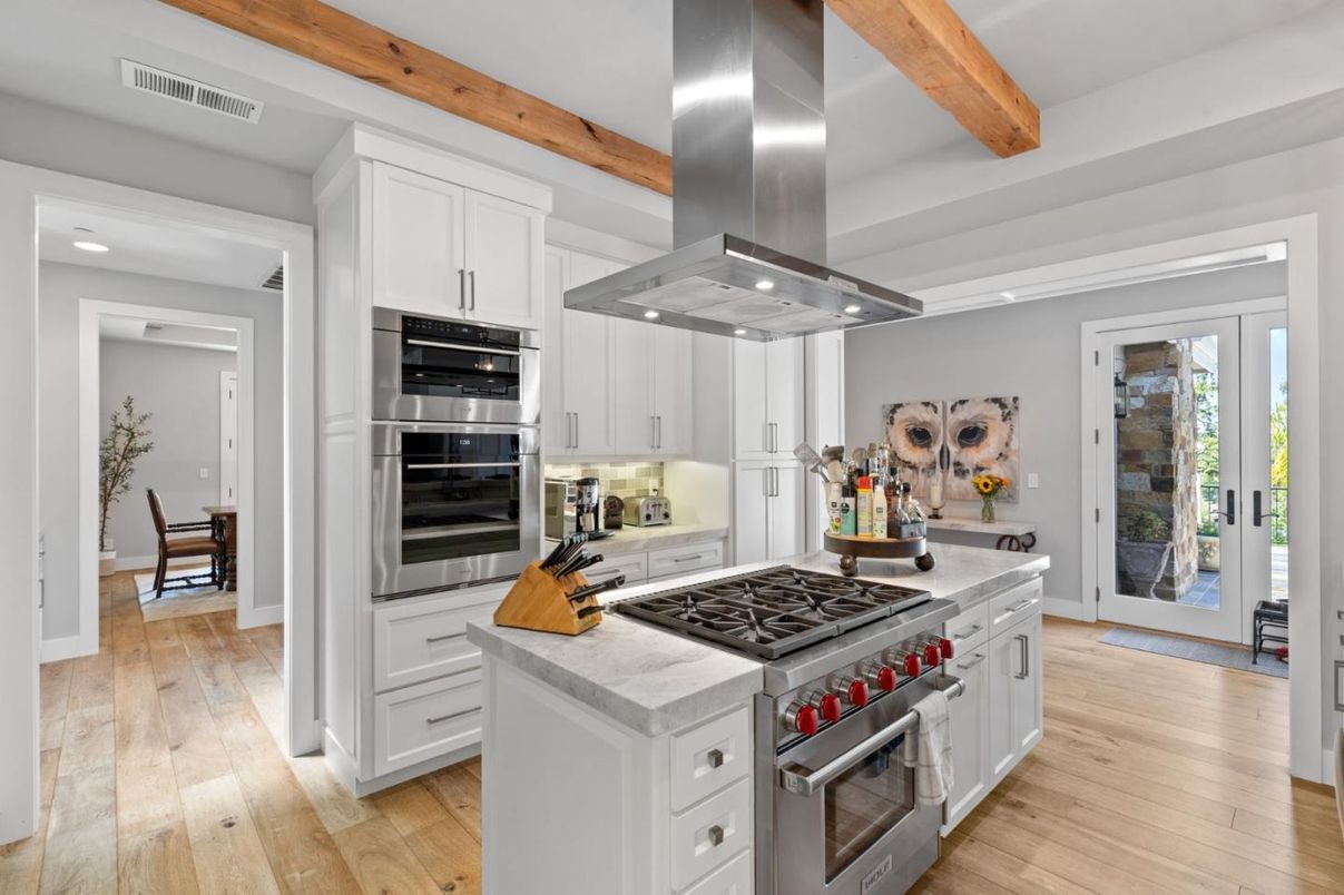 Interior, Kitchen, Recessed Lighting, Stainless Steel Appliances, Wooden Beams, Wood Texture Flooring