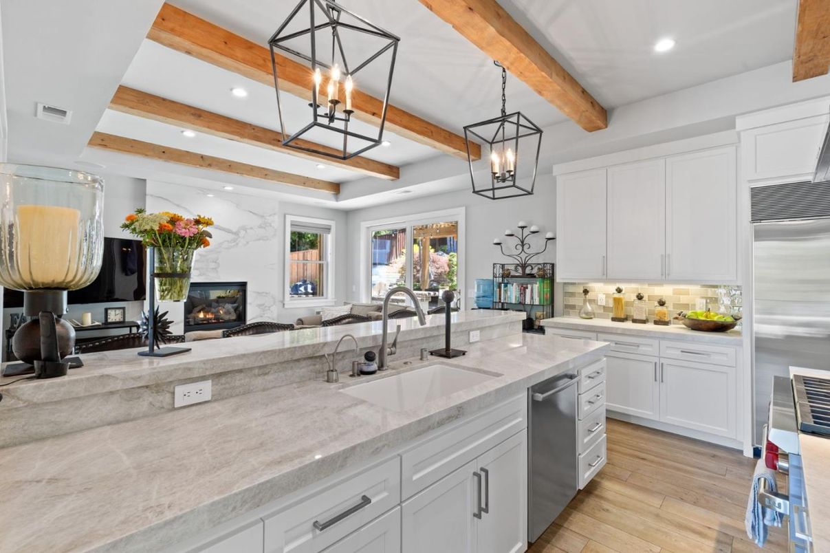 Fireplace, Interior, Kitchen, Pendant Lights, Recessed Lighting, Stainless Steel Appliances, Wooden Beams, Wood Texture Flooring