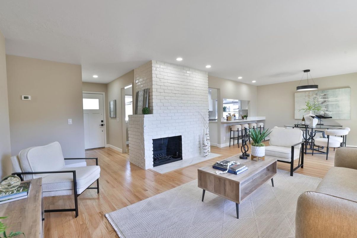 Dining room, Fireplace, Interior, Living room, Pendant Lights, Recessed Lighting, Stone Walls, Wood Texture Flooring