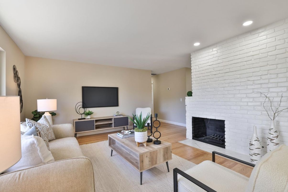 Fireplace, Interior, Living room, Recessed Lighting, Stone Walls, Wood Texture Flooring