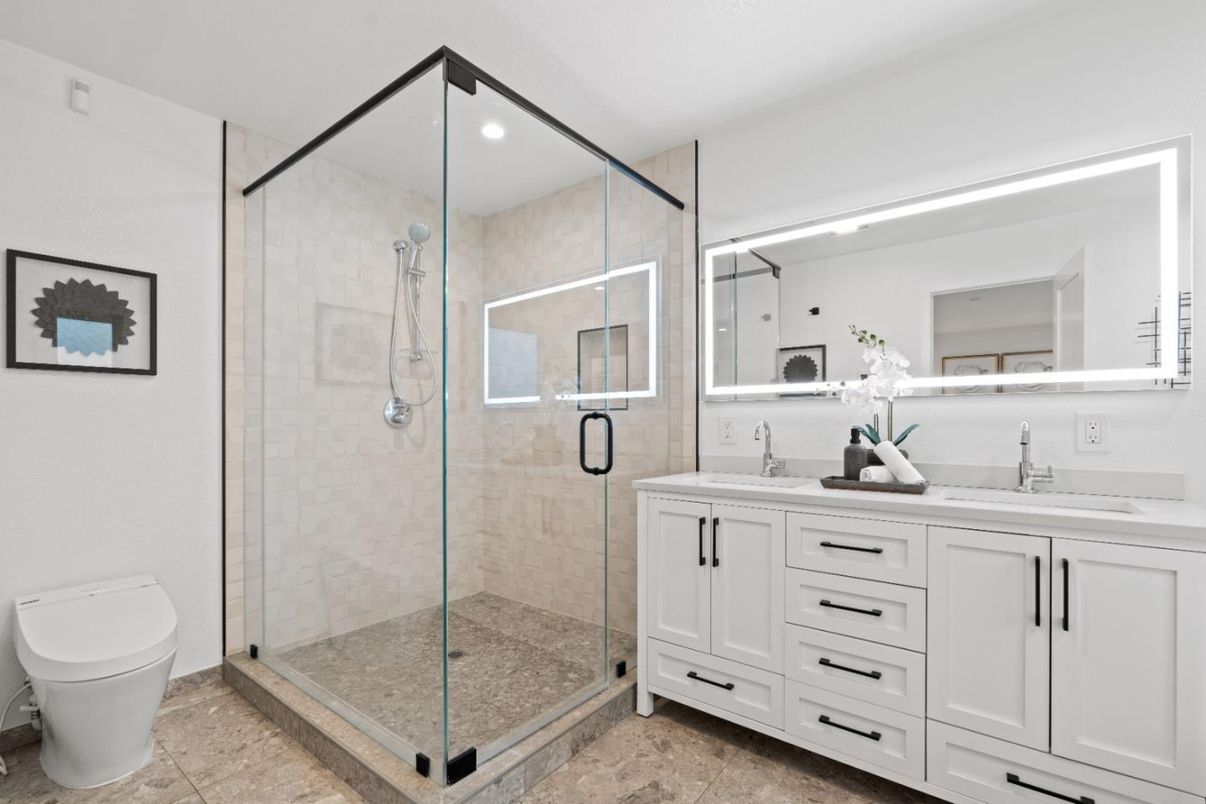 Bathroom, Dual Sink Vanities, Glass Shower, Interior, Recessed Lighting