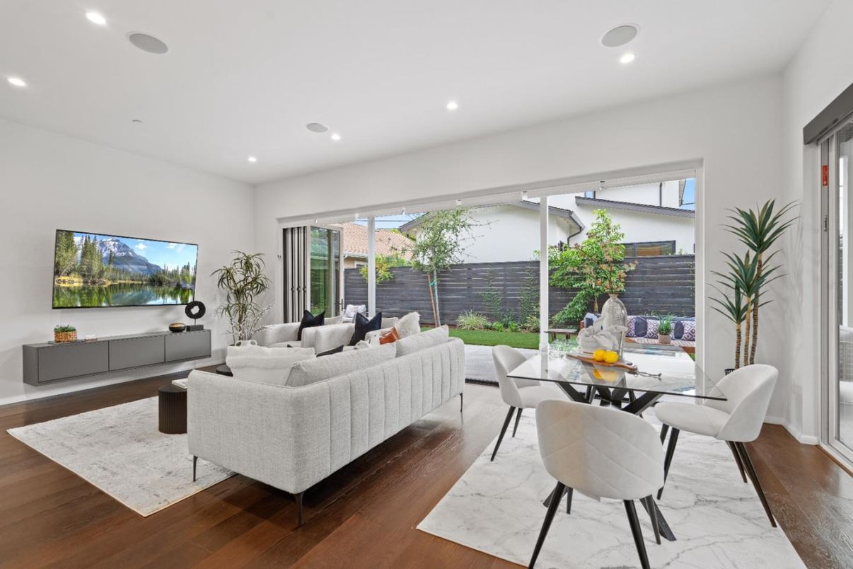 Dining room, Interior, Living room, Marble, Recessed Lighting, Wood Texture Flooring