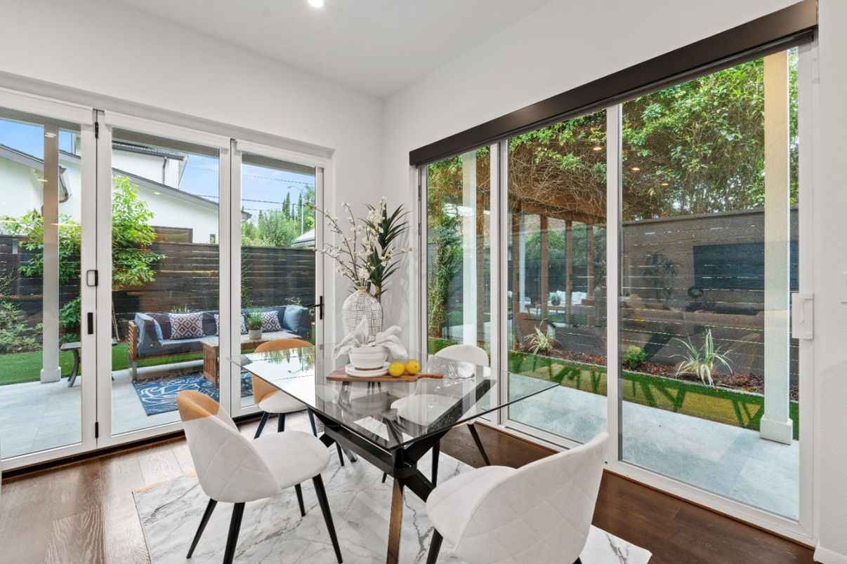 Dining room, Interior, Recessed Lighting, Wood Texture Flooring